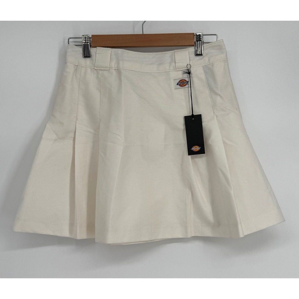 Dickies Womens Pleated Mini Skirt Cream Off White Twill Logo Sz S NWT